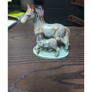 1935 VTG Ceramic Teal Western Mother Mare Dam Horse Foal Figurine Statue Japan‎